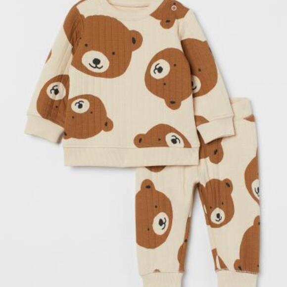 H&M Light Beige Bears 2 Piece Quilted Set Size 12 Months Teddy Bear - Picture 1 of 9